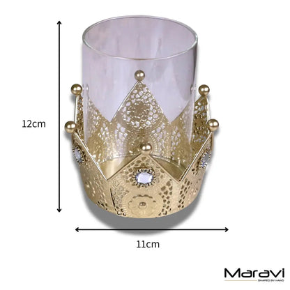 Talika Antique Gold Crown Candle Holders with Glass, Set of 2