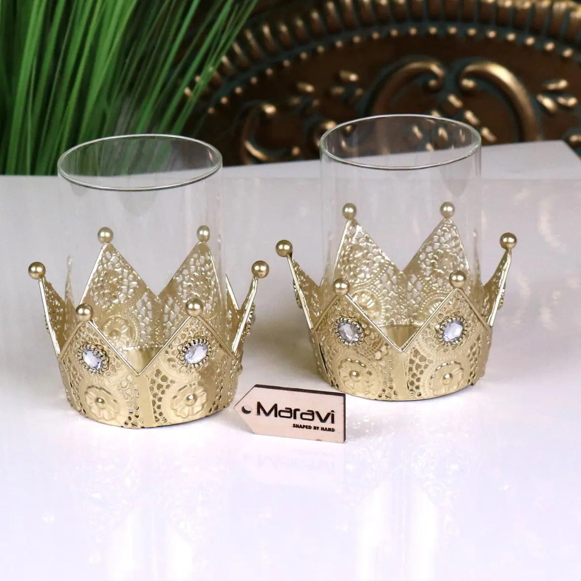 Talika Antique Gold Crown Candle Holders with Glass, Set of 2