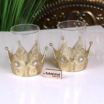 Talika Antique Gold Crown Candle Holders with Glass, Set of 2