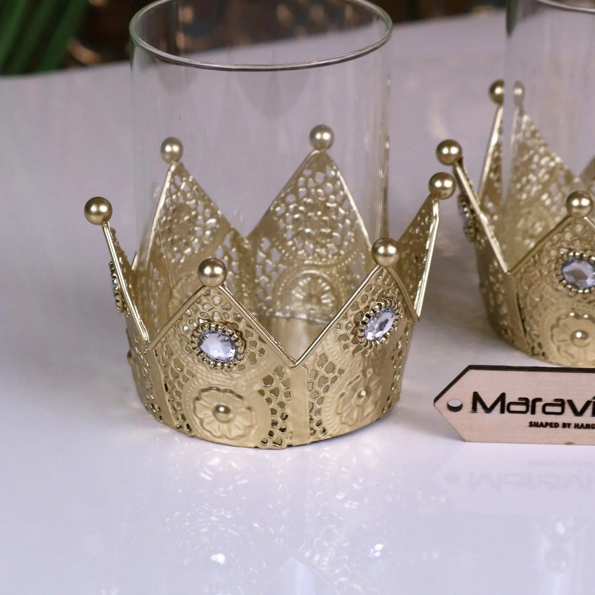 Talika Antique Gold Crown Candle Holders with Glass, Set of 2