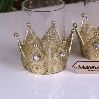 Talika Antique Gold Crown Candle Holders with Glass, Set of 2