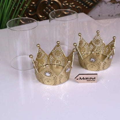 Talika Antique Gold Crown Candle Holders with Glass, Set of 2