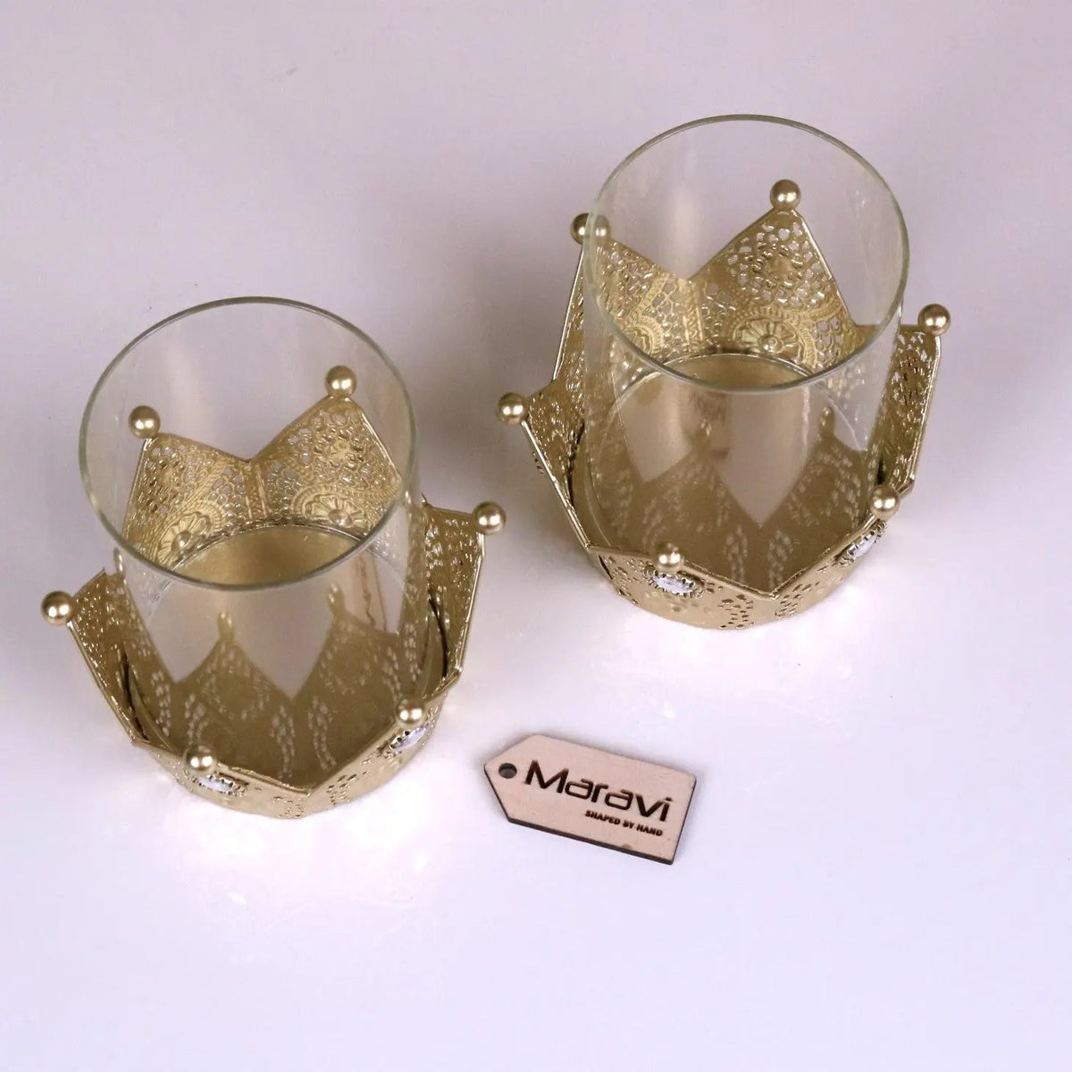 Talika Antique Gold Crown Candle Holders with Glass, Set of 2