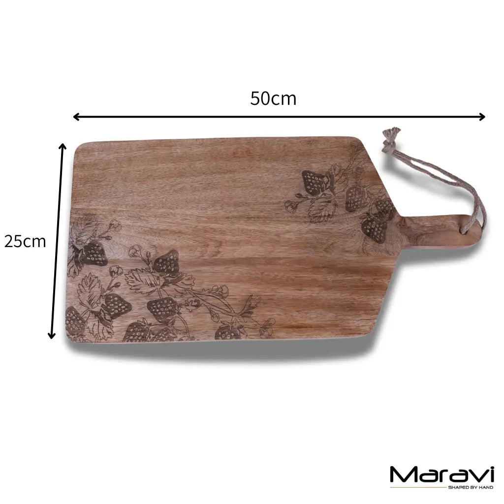 Thaniya Mango Wood Chopping Board 50 cm, Engraved Strawberry Design