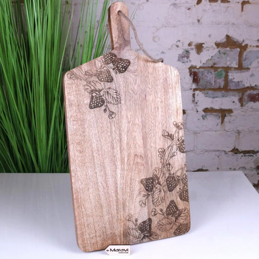 Thaniya Mango Wood Chopping Board 50 cm, Engraved Strawberry Design