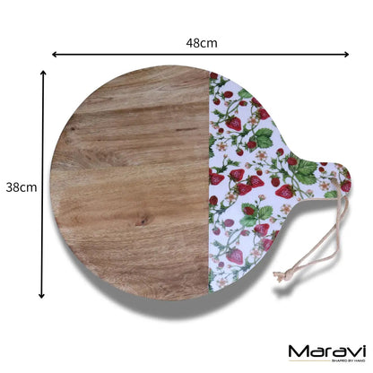 Thaniya Round Mango Wood Chopping Board 48 cm, Enamel Strawberry Design