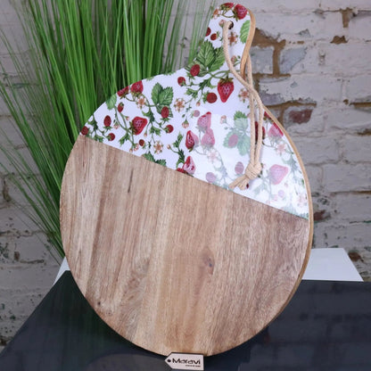 Thaniya Round Mango Wood Chopping Board 48 cm, Enamel Strawberry Design