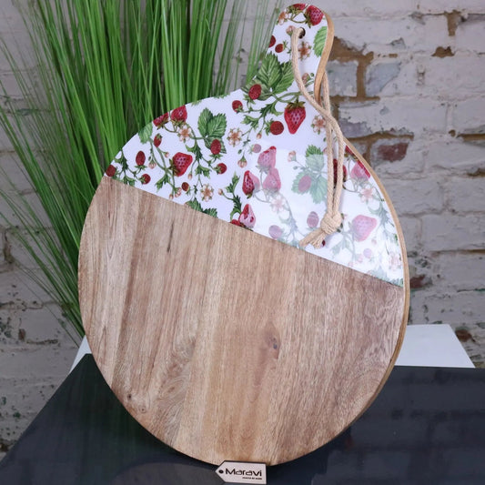 Thaniya Round Mango Wood Chopping Board 48 cm, Enamel Strawberry Design