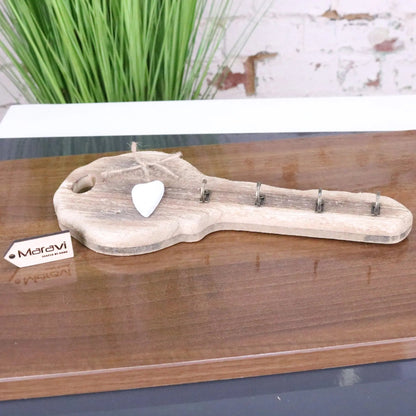 Torani Whitewashed Wooden Key-Shaped Key Holder with 5 Hooks