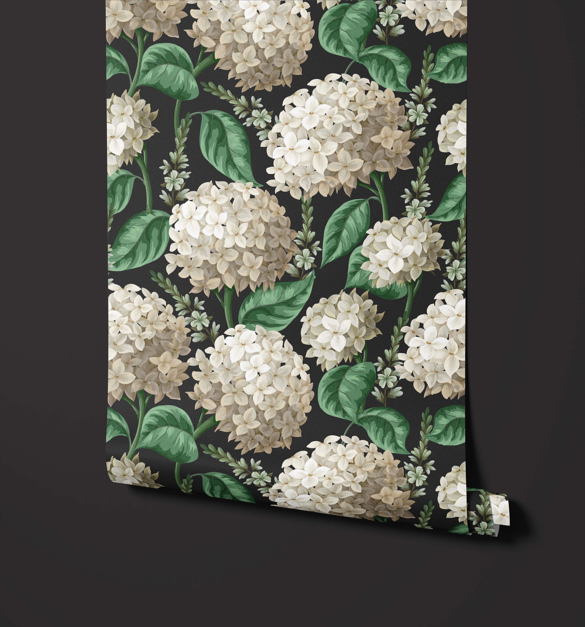 Roll of wallpaper with white hydrangea flowers and green leaves on a dark background
