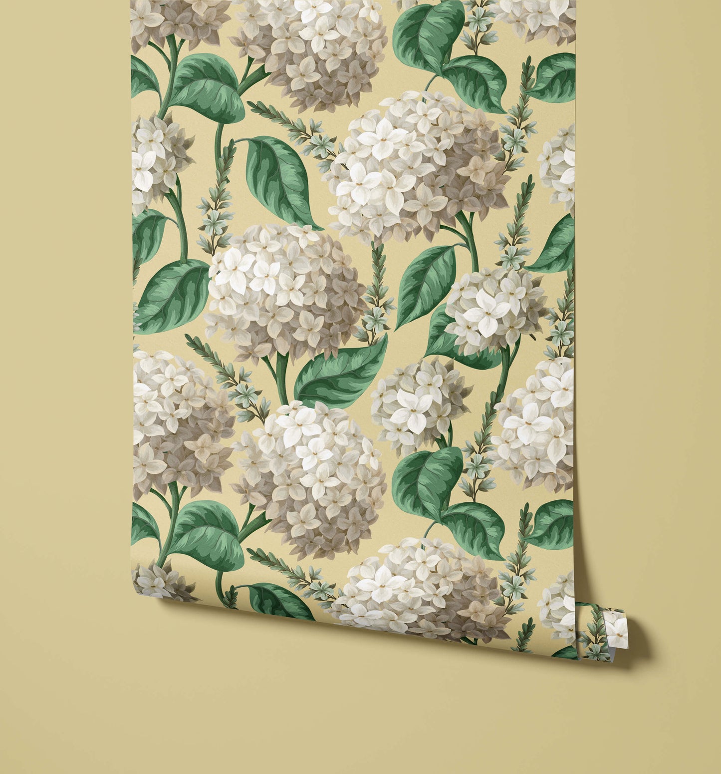 Roll of floral wallpaper with hydrangea flowers on a beige background