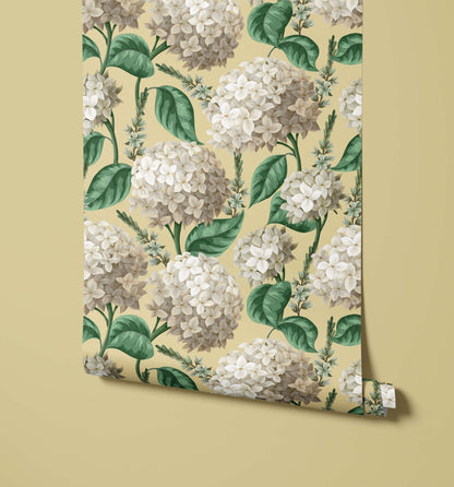 Roll of floral wallpaper with hydrangea flowers on a beige background