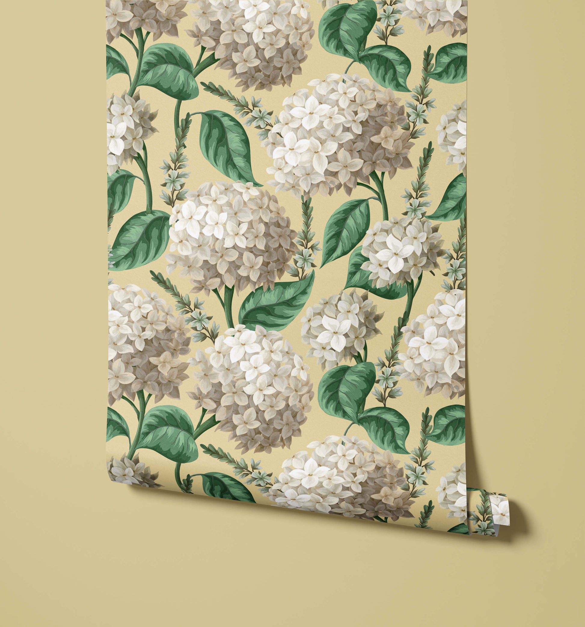 Roll of floral wallpaper with hydrangea flowers on a beige background
