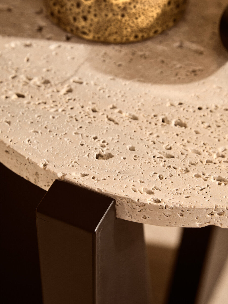 Winton Cream Travertine and Brown Acacia Wood Side Table, 42 cm
