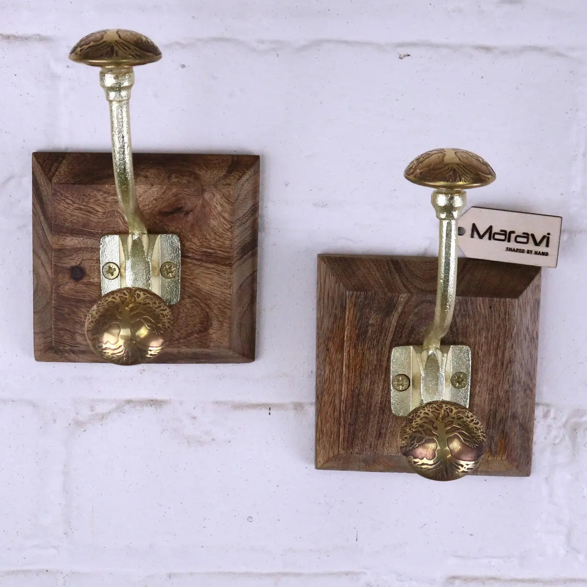 Zerika Antique Gold Double Coat Hooks, Tree of Life, Set of 2