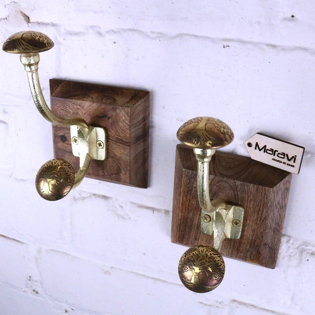 Zerika Antique Gold Double Coat Hooks, Tree of Life, Set of 2