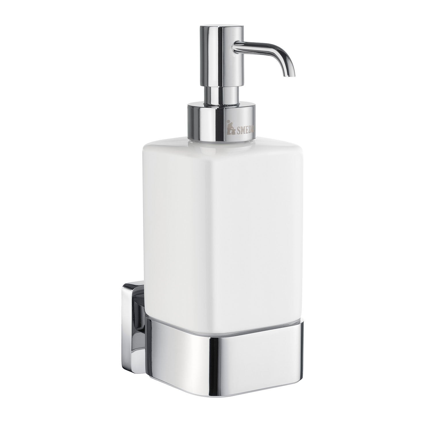 Wall-mounted soap dispenser with white container and chrome pump on a white background