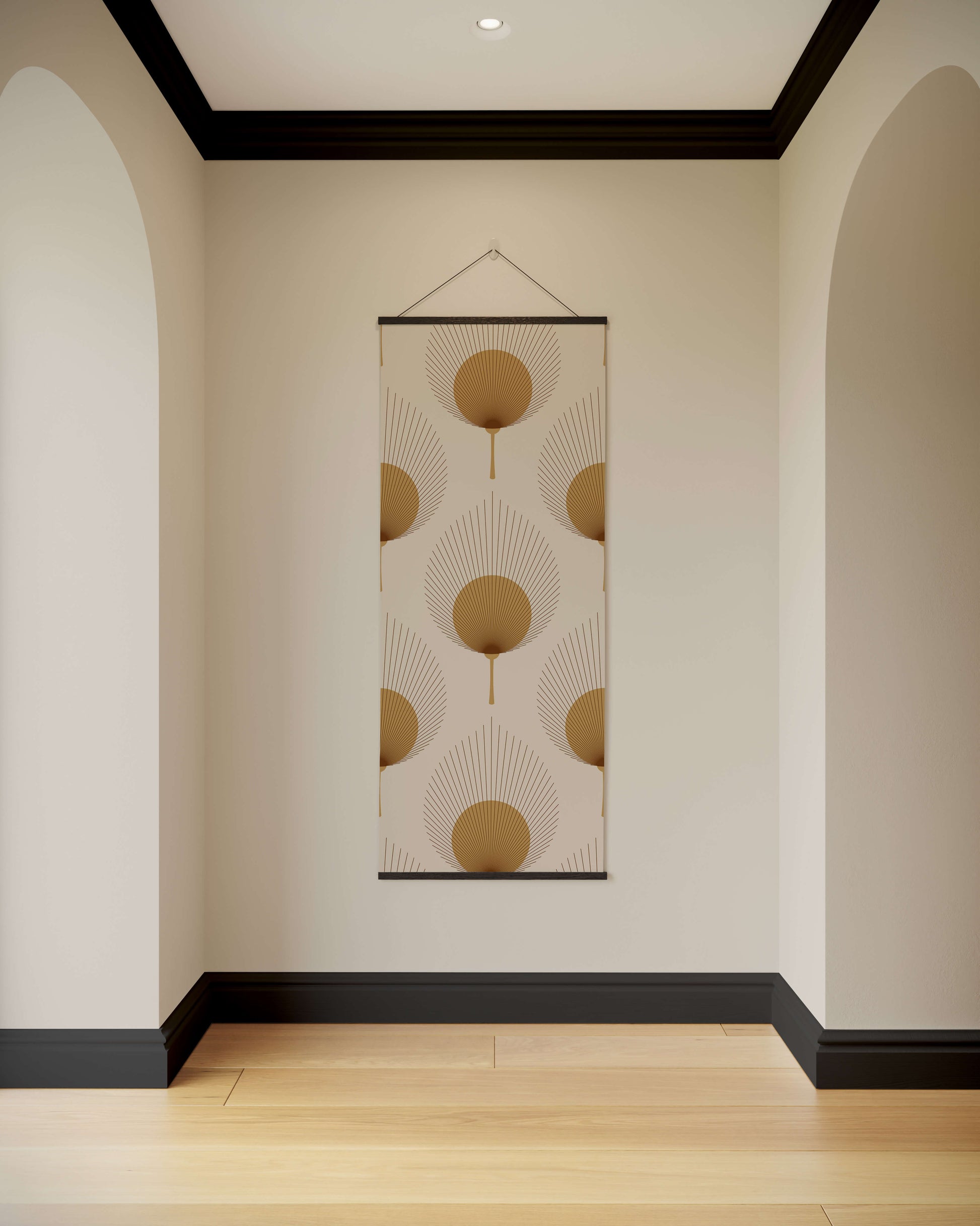 Decorative wall hanging with geometric pattern in a room with beige walls and wooden floor.