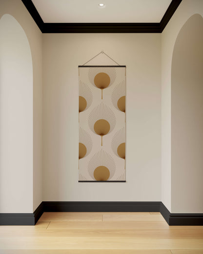 Decorative wall hanging with geometric pattern in a room with beige walls and wooden floor.