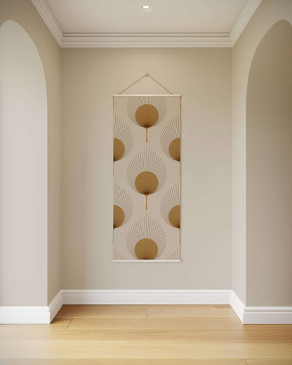 Decorative wall art with geometric pattern on a beige wall