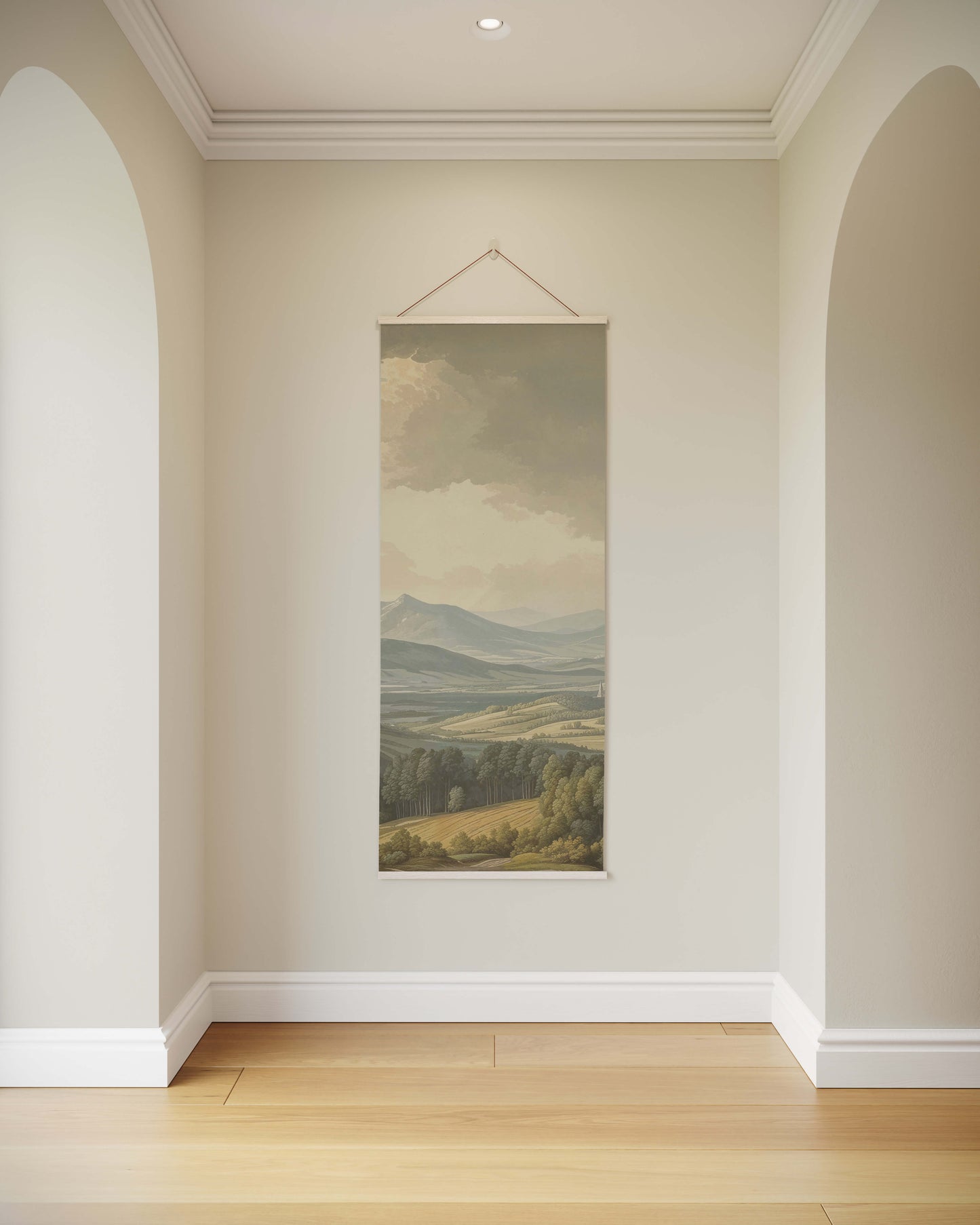 Wall painting of a landscape in a room with arched doorways.