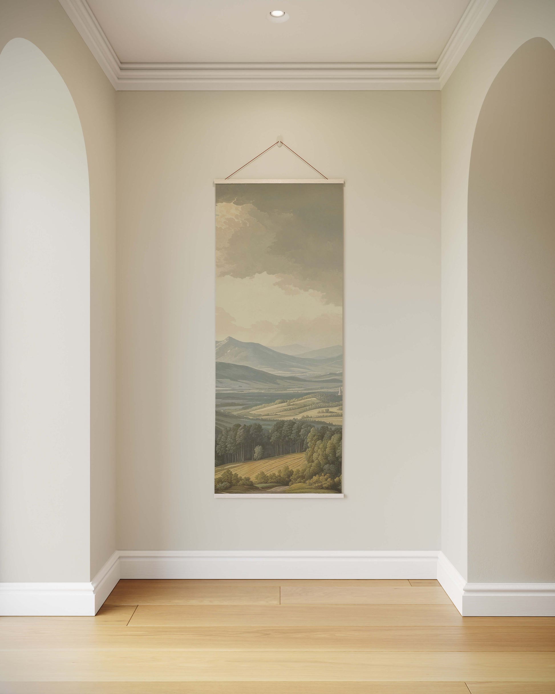 Wall painting of a landscape in a room with arched doorways.