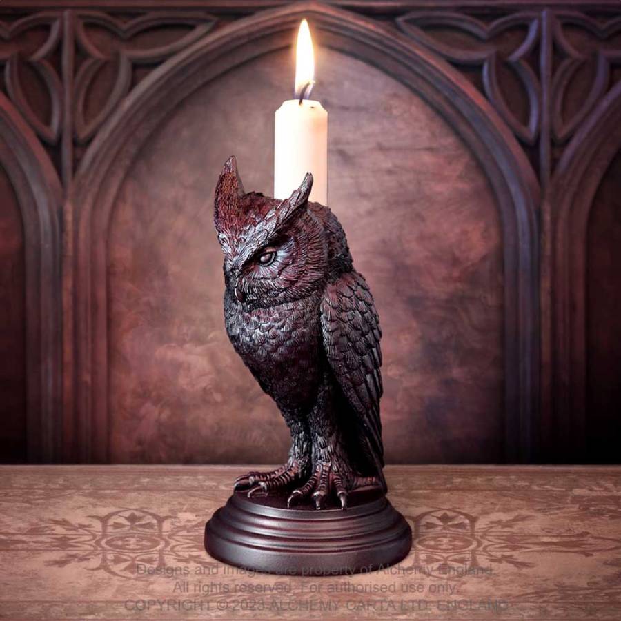 Alchemy Gothic Owl of Astrontiel Candlestick – Black
