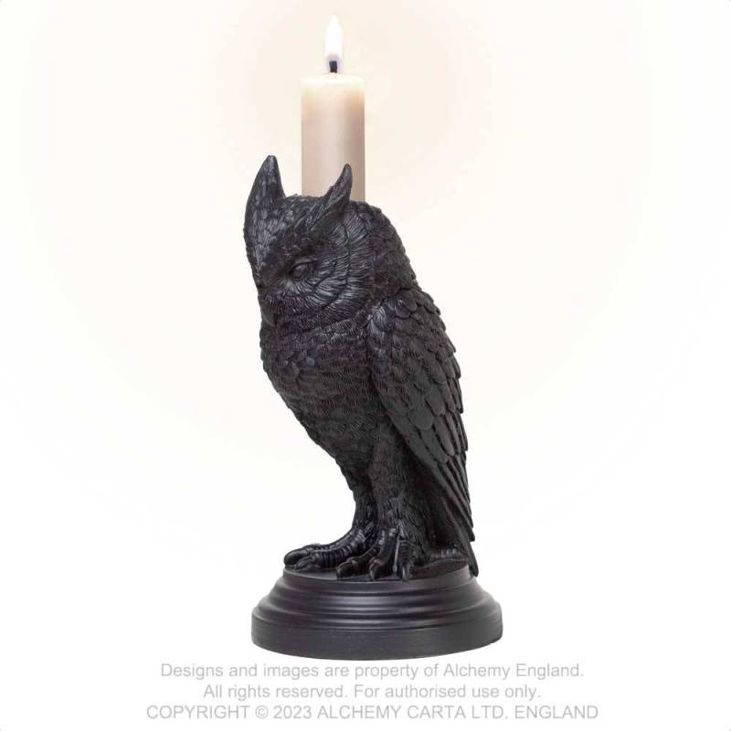 Alchemy Gothic Owl of Astrontiel Candlestick – Black
