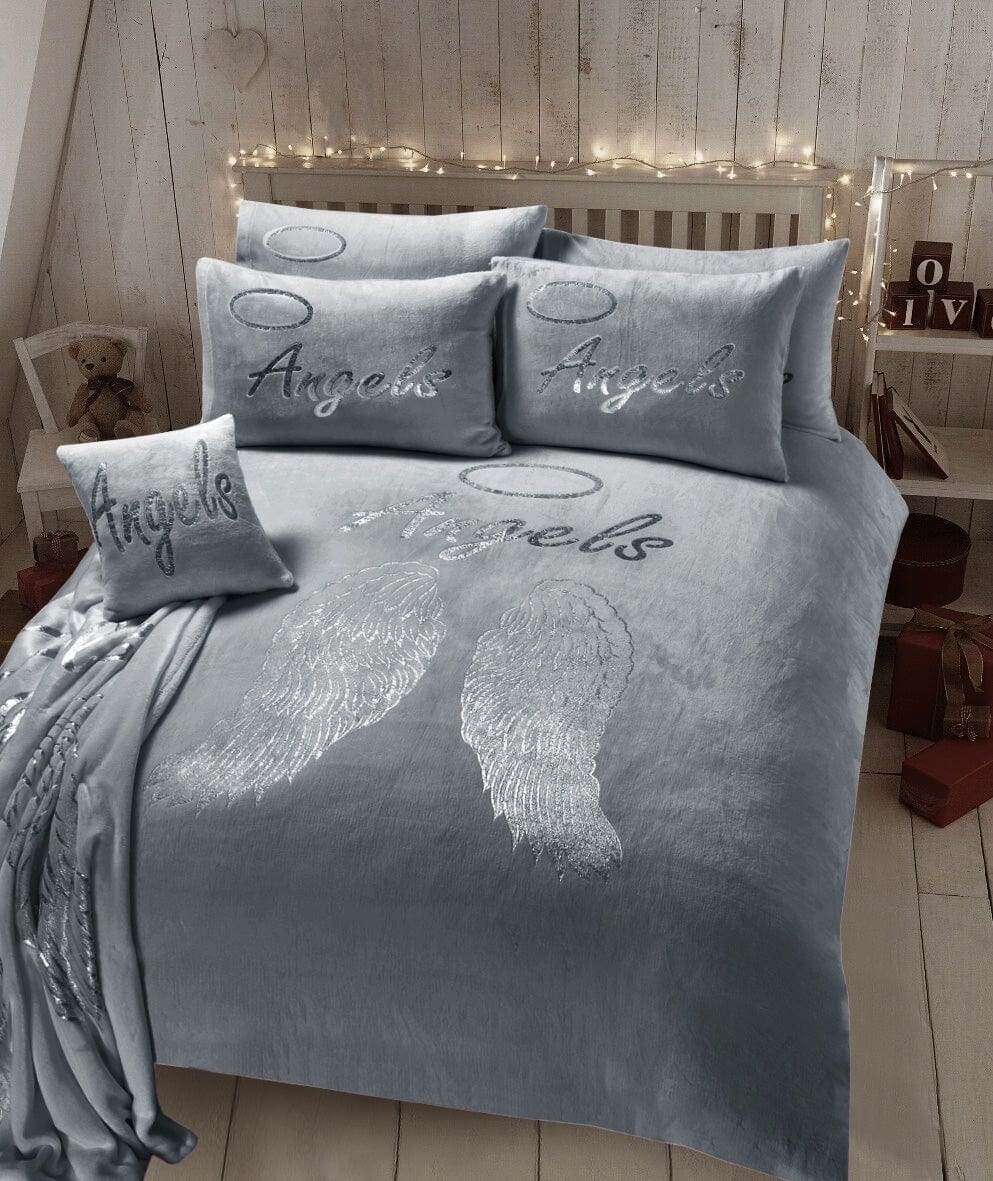 Angel Wings Luxurious Teddy Fleece Duvet Set Super Soft Faux Fur Bedding Pillow Cases Bed Throw Cushion in Pink White Grey by OLIVIA ROCCO