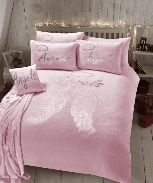 Angel Wings Luxurious Teddy Fleece Duvet Set Super Soft Faux Fur Bedding Pillow Cases Bed Throw Cushion in Pink White Grey by OLIVIA ROCCO