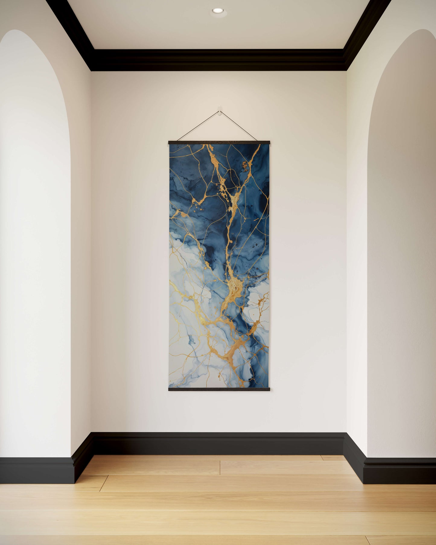Marble-patterned wall art hanging on a white wall with a wooden floor.