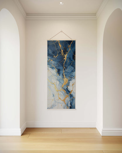 Marble-patterned art piece hanging on a wall in a room with wooden flooring.