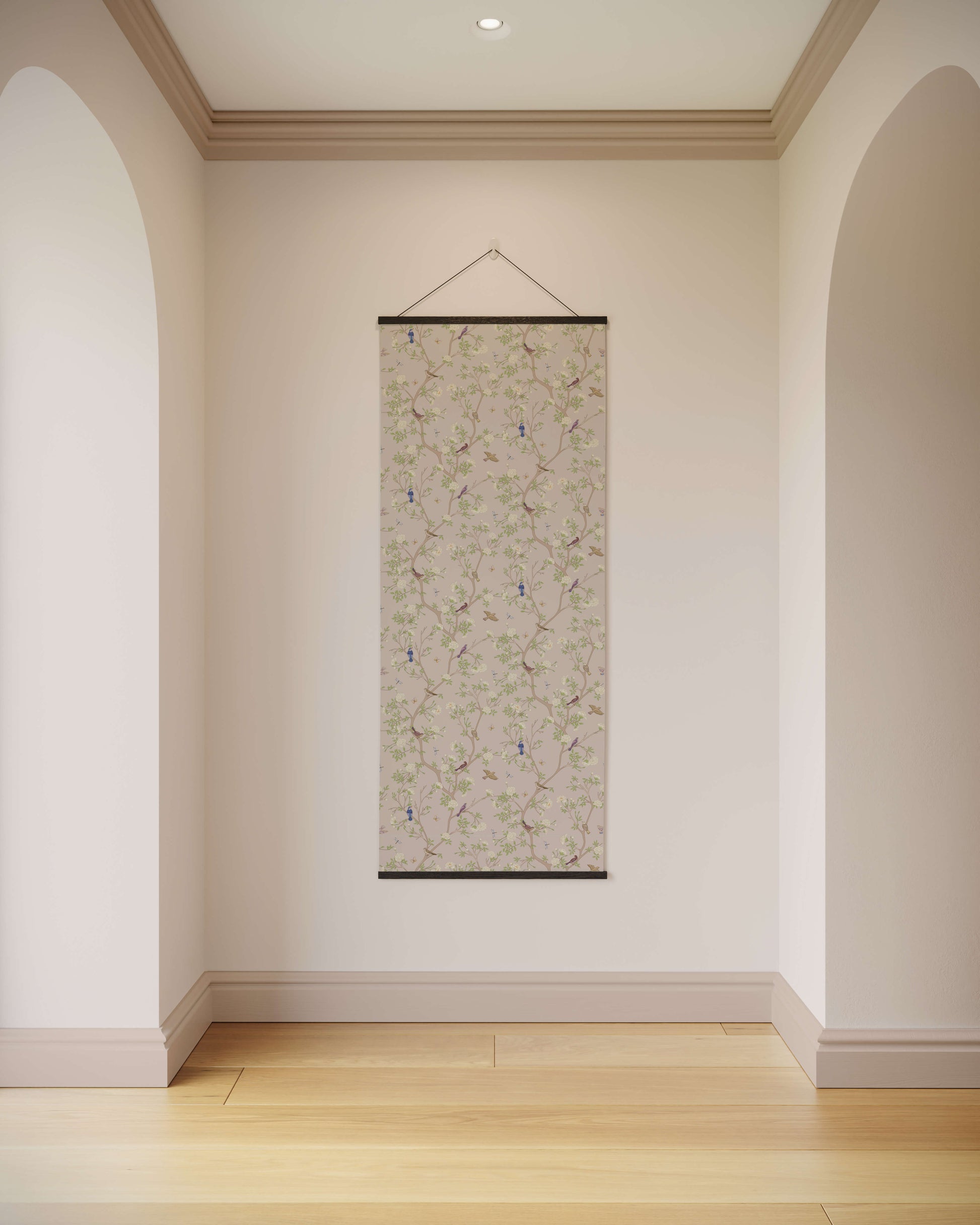 Decorative wall hanging on a plain wall with wooden flooring