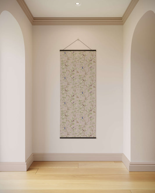 Decorative wall hanging on a plain wall with wooden flooring