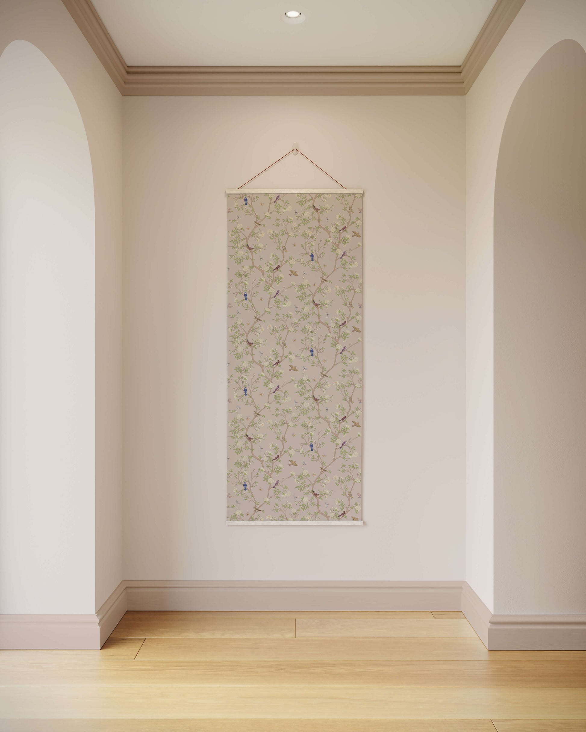 Decorative wall hanging on a plain wall with wooden flooring and arches.