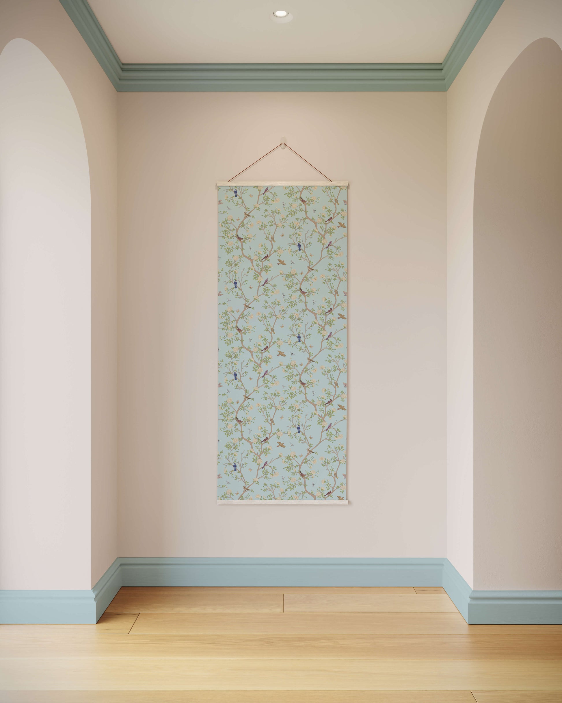 Wall with a floral patterned poster hanging on it