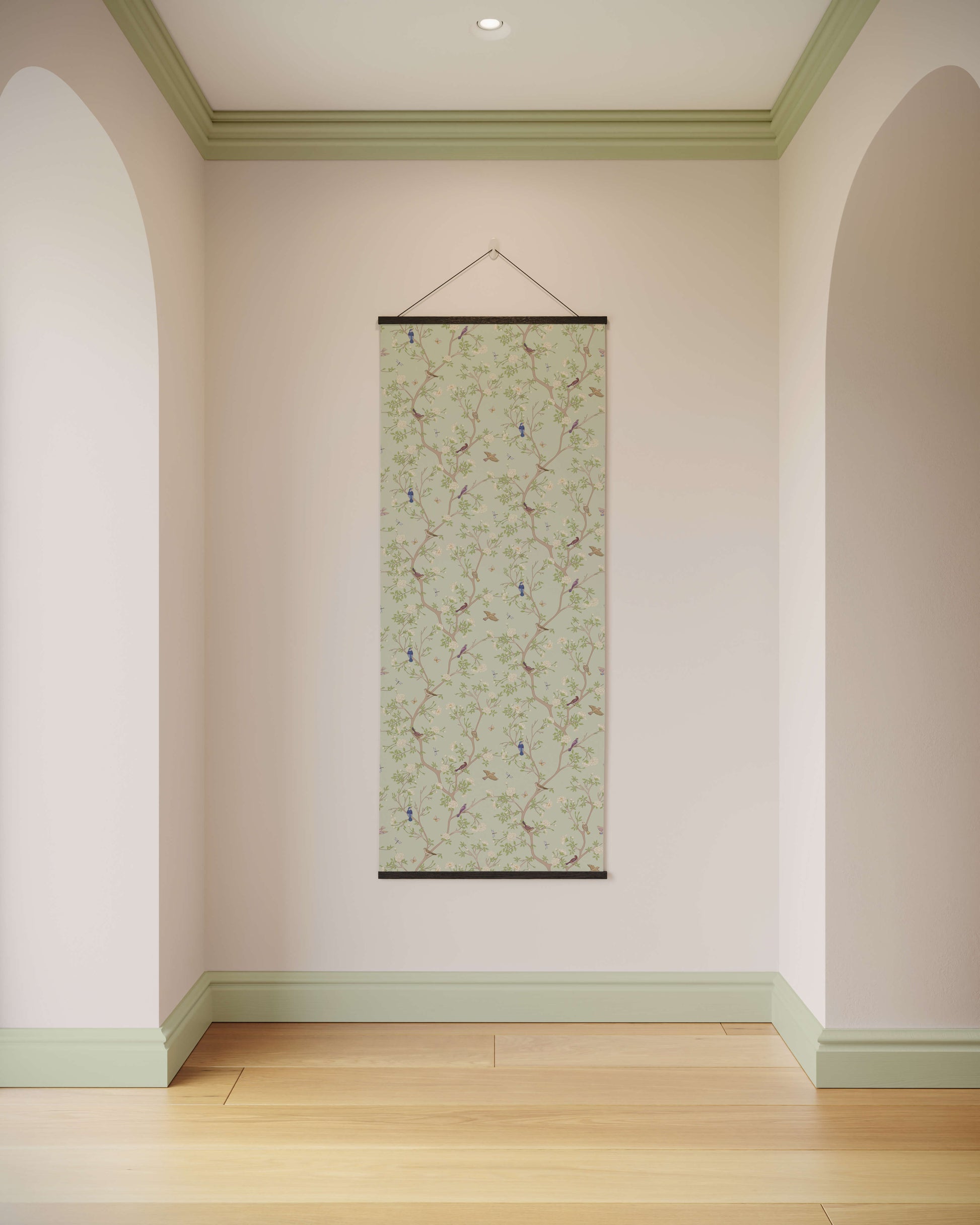 Decorative wall scroll hanging on a plain wall with arches and a wooden floor.