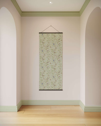 Decorative wall scroll hanging on a plain wall with arches and a wooden floor.