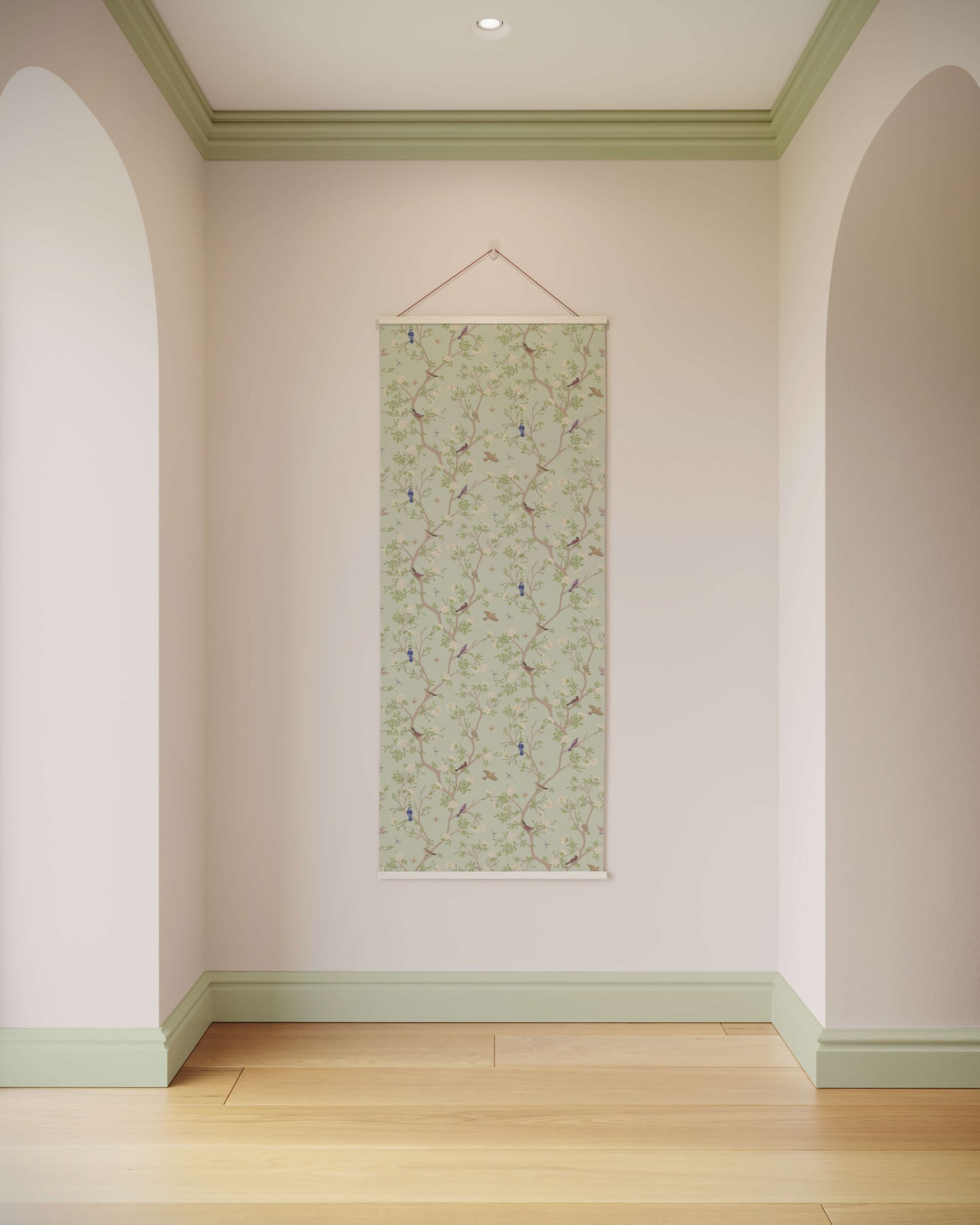 Decorative wall hanging with floral pattern on a plain wall.