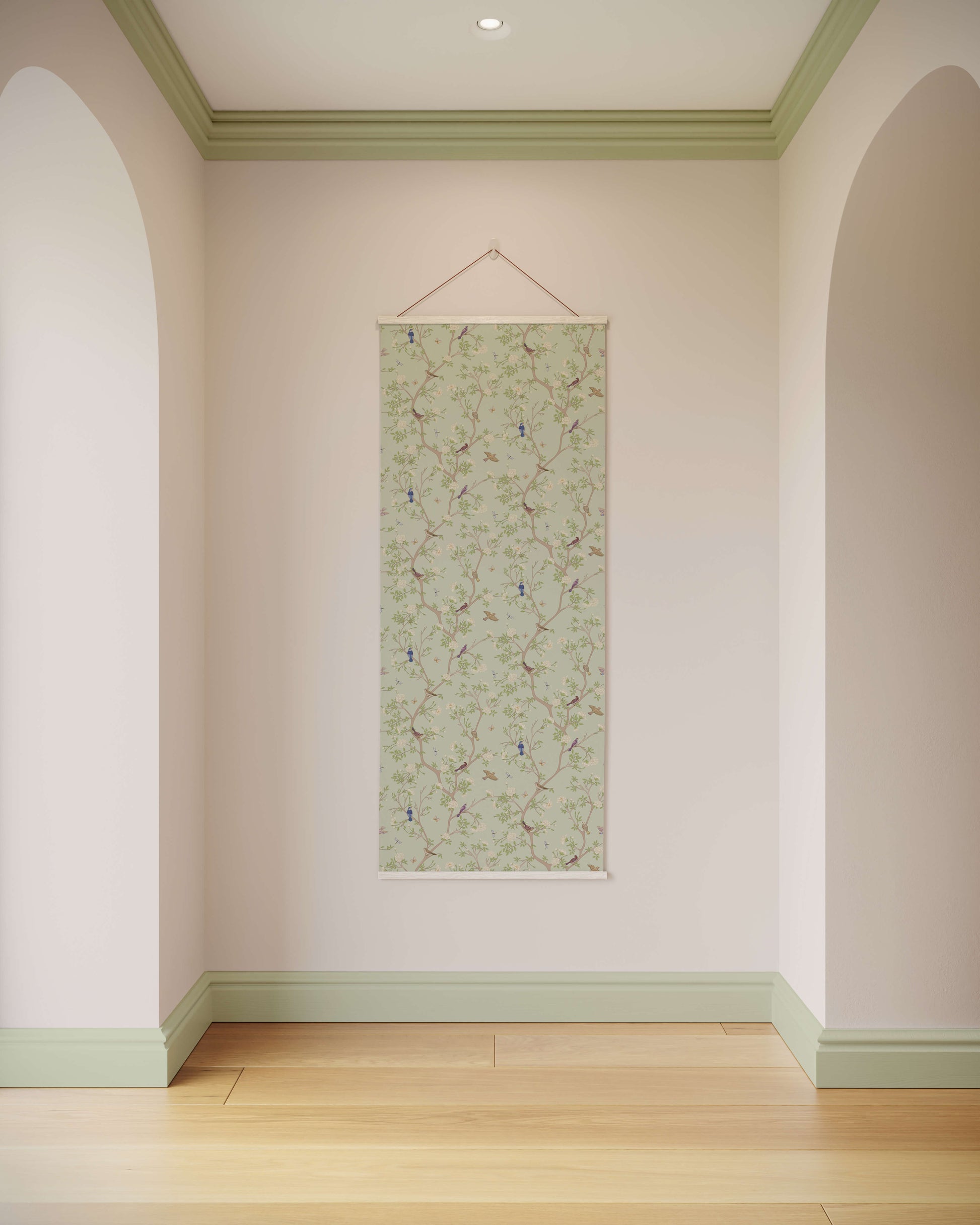 Decorative wall hanging with floral pattern on a plain wall.