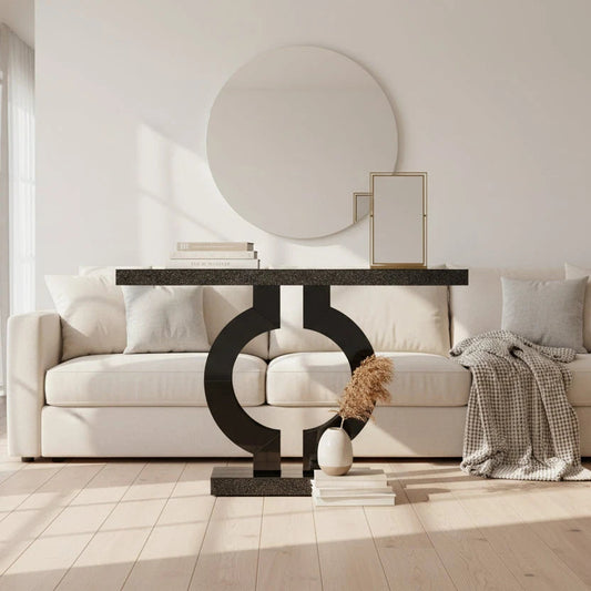 Black Marble-Effect Modern Console Table - Sculptural Entryway & Sofa Table
