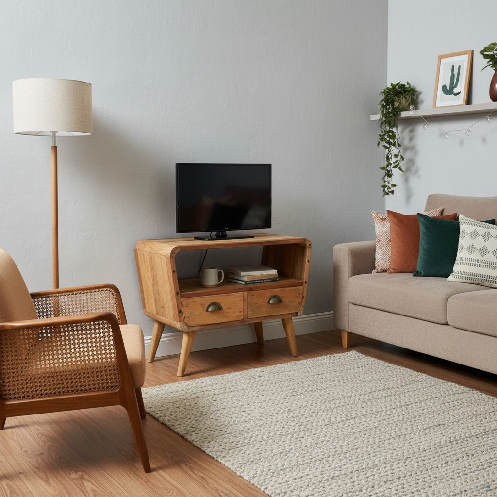Recycled Teak Wood Small TV Stand with 2 Draws Round Length 81x49x41cm