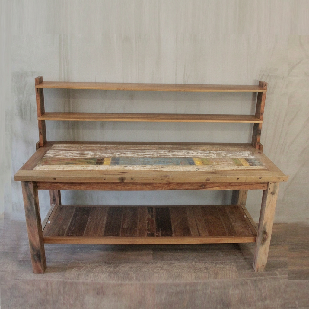 Recycled Teak Wood Dining Table with Top Shelf  220×80x80cm