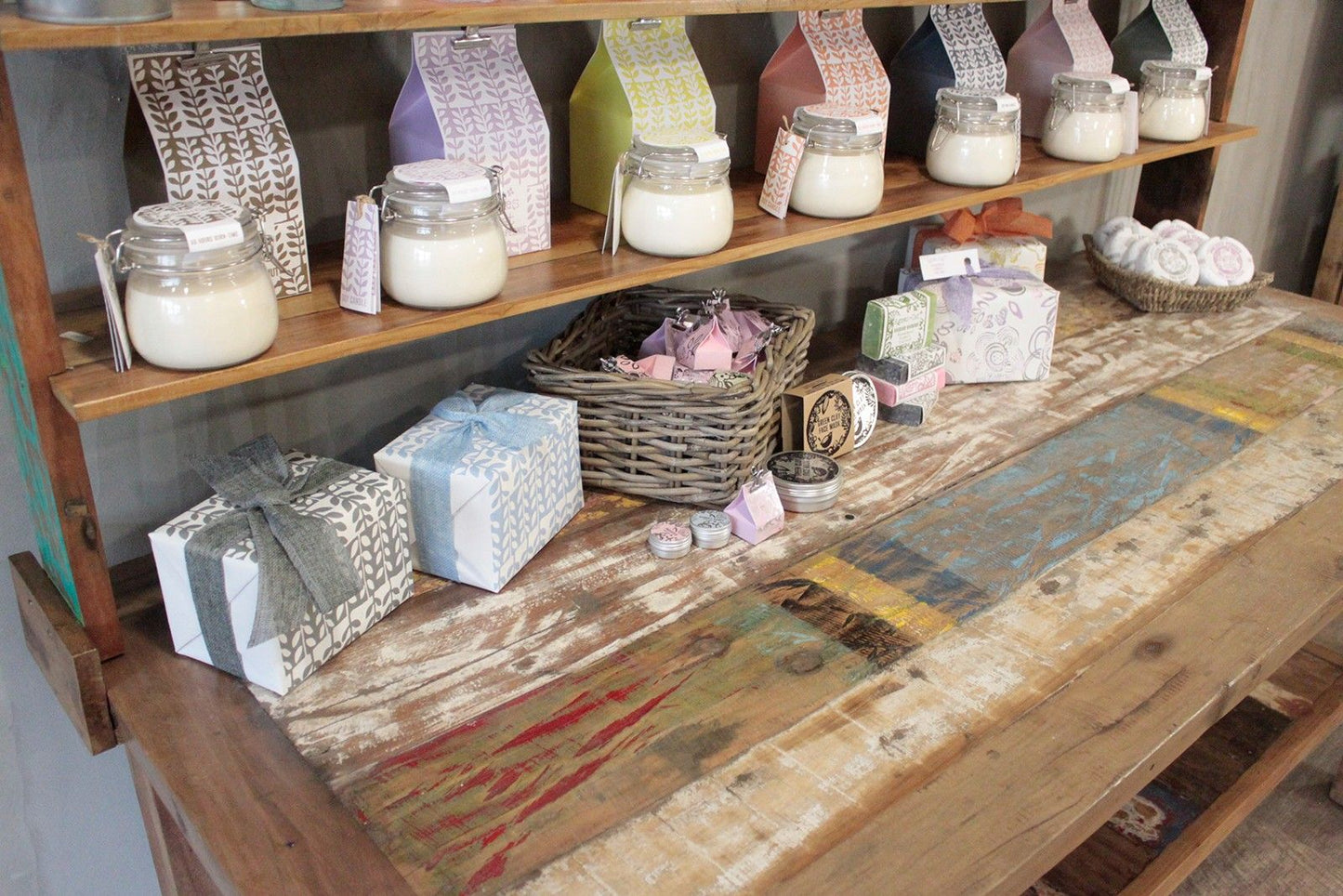 Recycled Teak Wood Dining Table with Top Shelf  180×80x80cm