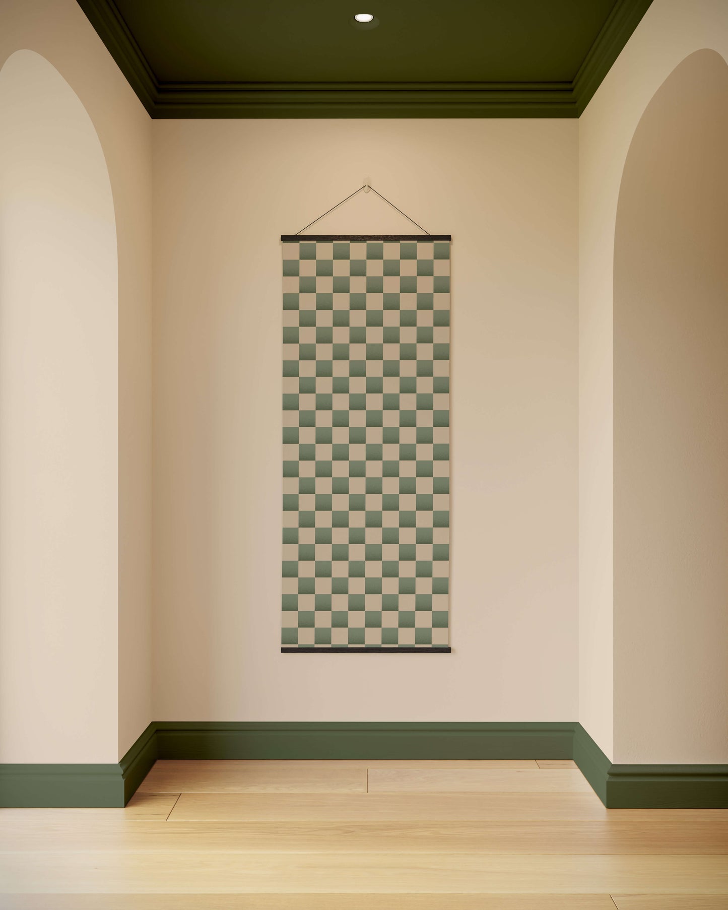 Checkered tapestry hanging on a wall with green and beige colors