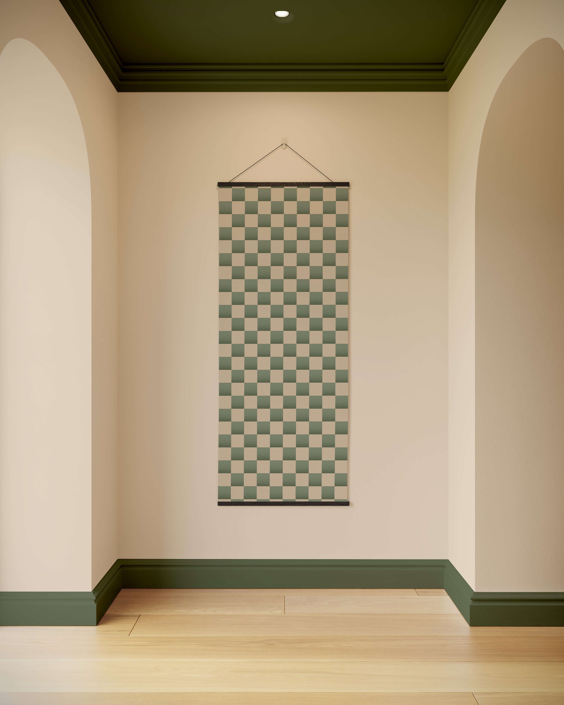 Checkered tapestry hanging on a wall with green and beige colors