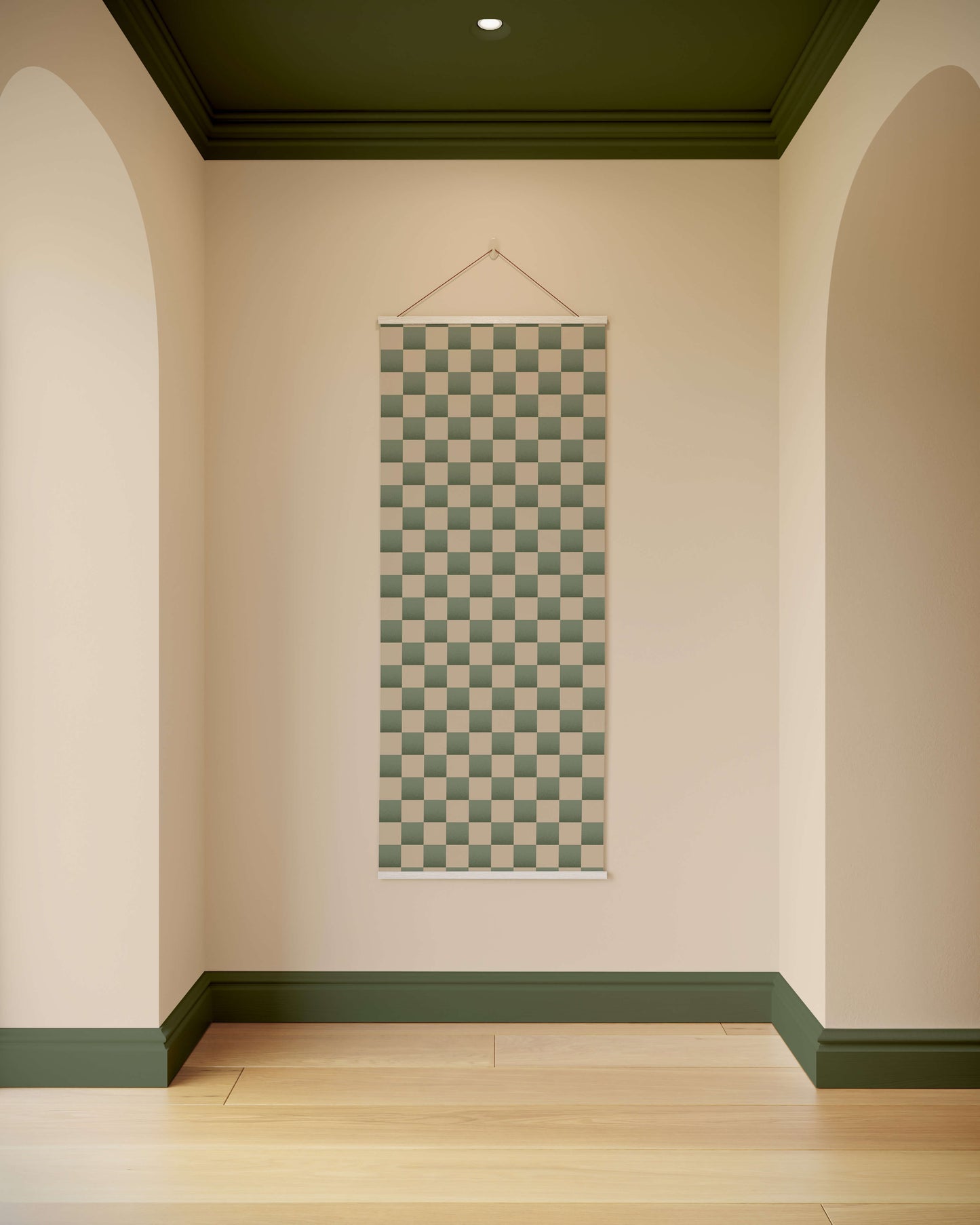 Checkered tapestry hanging on a wall with arched doorways and a green ceiling.