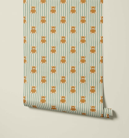 Bobbi Beck Barnaby Teddy Bear Stripe Wallpaper