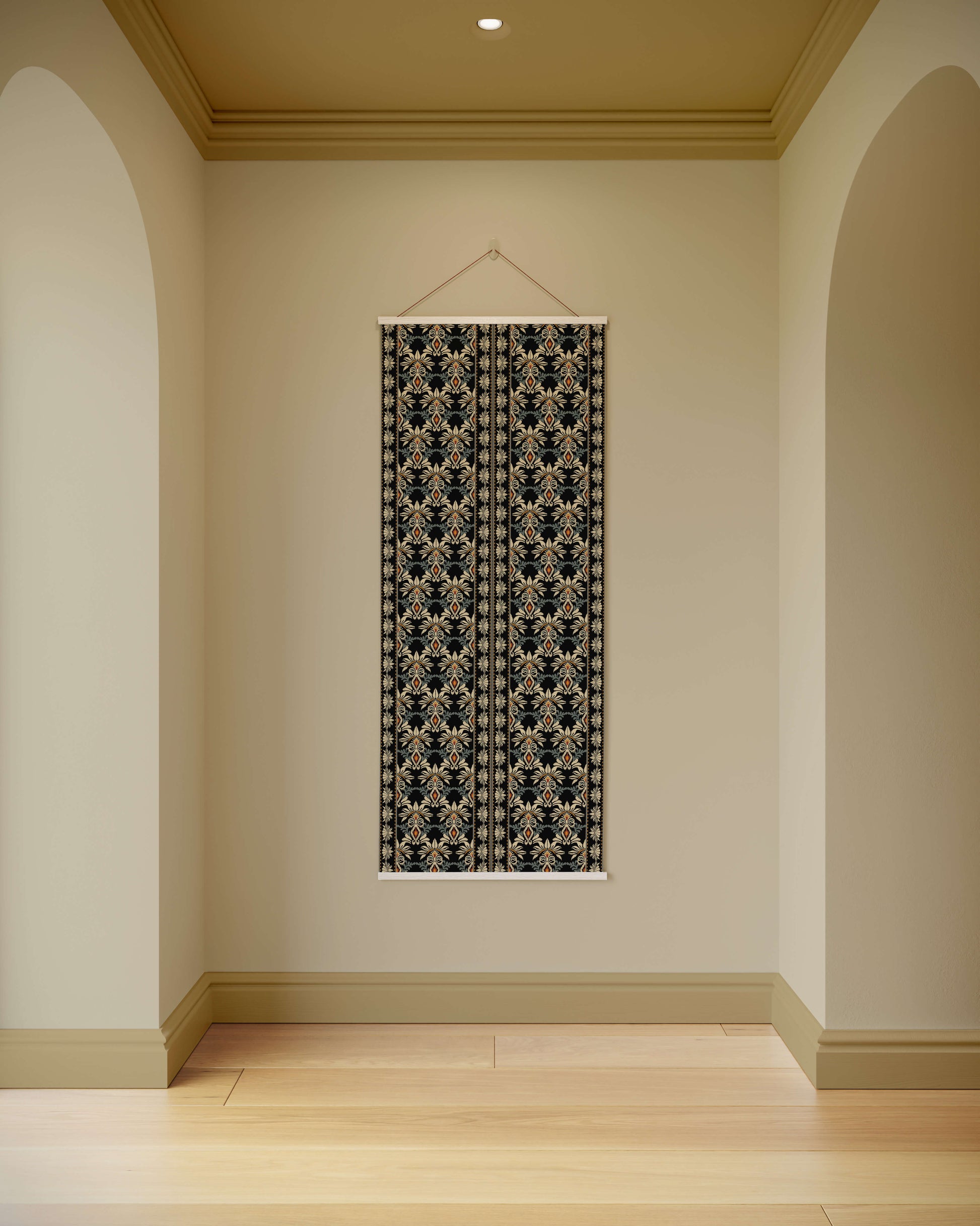 Decorative wall hanging on a plain wall with arches and a light wood floor.