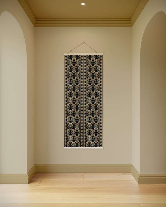 Decorative wall hanging on a plain wall with arches and a light wood floor.